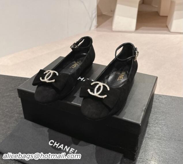 Classic Hot Chanel Suede Mary Janes Ballet Flats with CC Bow and Strass G46022 Black 1016151