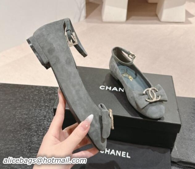 Purchase Chanel Suede Mary Janes Ballet Flats with CC Bow and Strass G46022 Grey 1016152