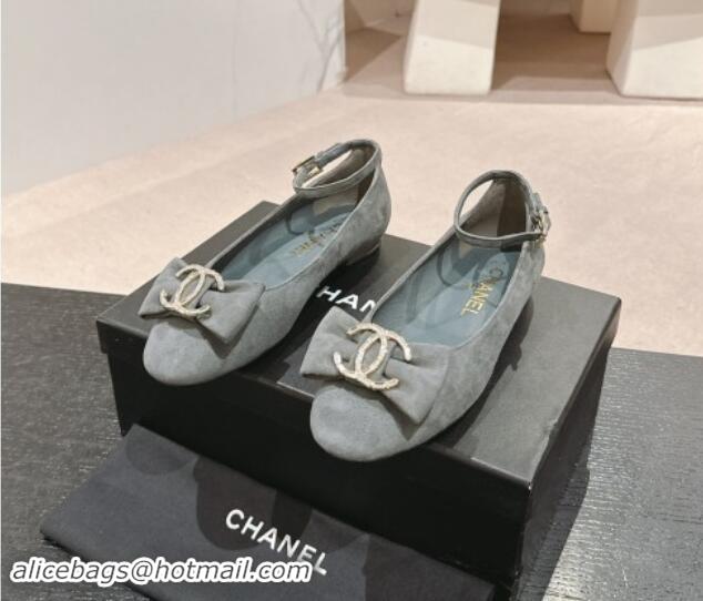 Purchase Chanel Suede Mary Janes Ballet Flats with CC Bow and Strass G46022 Grey 1016152