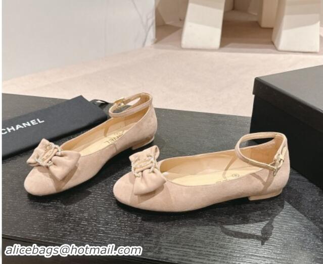 Sophisticated Chanel Suede Mary Janes Ballet Flats with CC Bow and Strass G46022 Beige 1016153