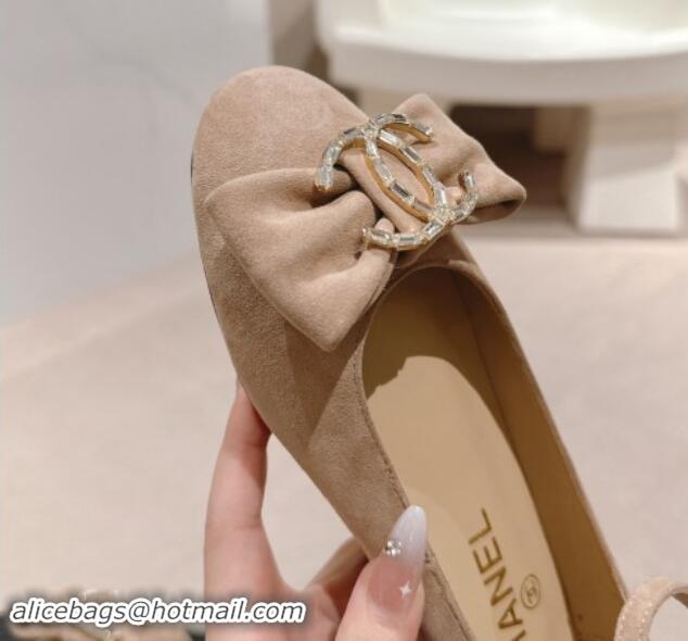 Sophisticated Chanel Suede Mary Janes Ballet Flats with CC Bow and Strass G46022 Beige 1016153