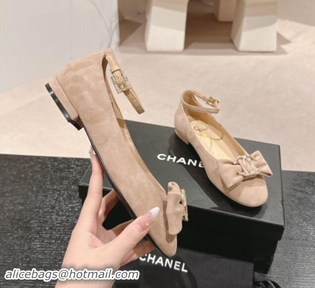 Sophisticated Chanel Suede Mary Janes Ballet Flats with CC Bow and Strass G46022 Beige 1016153