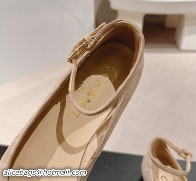 Sophisticated Chanel Suede Mary Janes Ballet Flats with CC Bow and Strass G46022 Beige 1016153