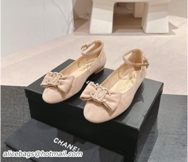 Sophisticated Chanel Suede Mary Janes Ballet Flats with CC Bow and Strass G46022 Beige 1016153