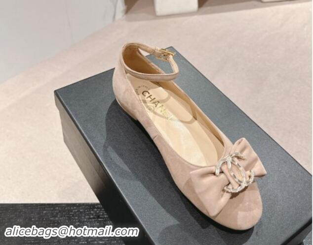 Sophisticated Chanel Suede Mary Janes Ballet Flats with CC Bow and Strass G46022 Beige 1016153