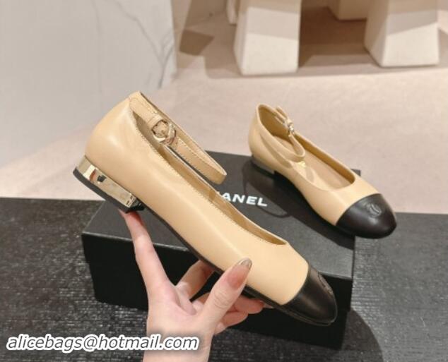 Sumptuous Chanel Calfskin Leather Mary Janes Ballet Flats G46024 Beige 1016155