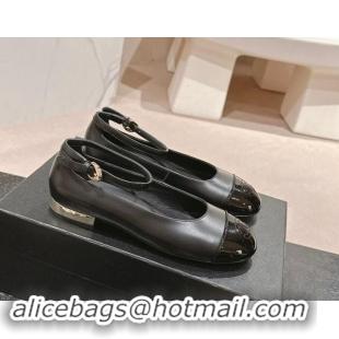 Duplicate Chanel Calfskin & Patent Leather Mary Janes Ballet Flats G46024 Black 1016156