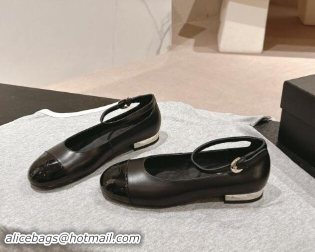 Duplicate Chanel Calfskin & Patent Leather Mary Janes Ballet Flats G46024 Black 1016156