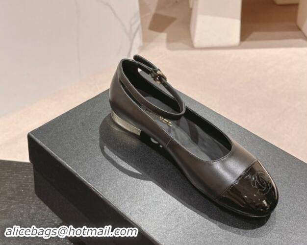 Duplicate Chanel Calfskin & Patent Leather Mary Janes Ballet Flats G46024 Black 1016156