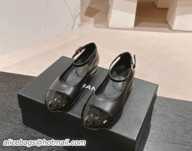 Duplicate Chanel Calfskin & Patent Leather Mary Janes Ballet Flats G46024 Black 1016156