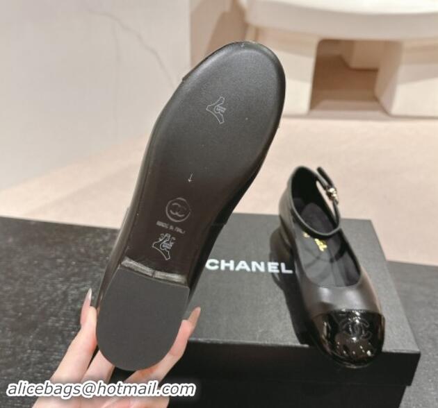 Duplicate Chanel Calfskin & Patent Leather Mary Janes Ballet Flats G46024 Black 1016156