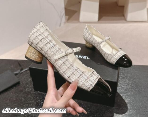 1:1 aaaaa Chanel Tweed & Patent Calfskin Mary Janes Pumps 3.5cm G45952 White 1017003