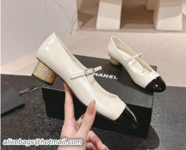 Low Cost Chanel Shiny Calfskin & Patent Mary Janes Pumps 3.5cm G45952 White 017005