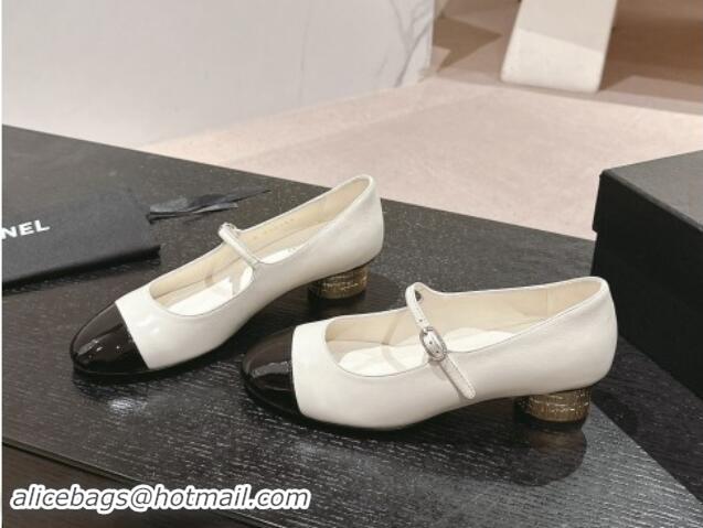 Low Cost Chanel Shiny Calfskin & Patent Mary Janes Pumps 3.5cm G45952 White 017005