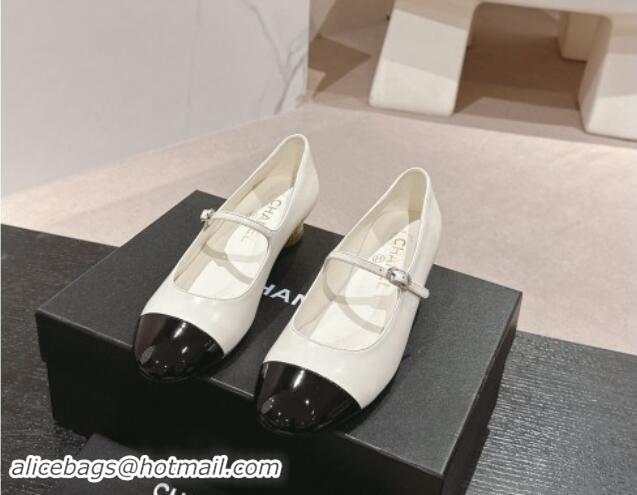 Low Cost Chanel Shiny Calfskin & Patent Mary Janes Pumps 3.5cm G45952 White 017005