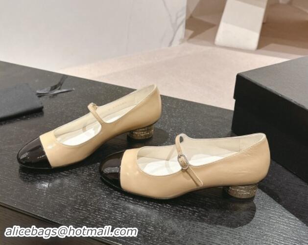 Low Price Chanel Shiny Calfskin & Patent Mary Janes Pumps 3.5cm G45952 Beige 017006