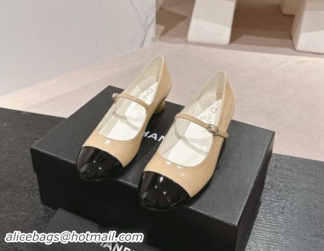 Low Price Chanel Shiny Calfskin & Patent Mary Janes Pumps 3.5cm G45952 Beige 017006