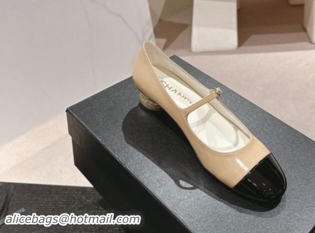 Low Price Chanel Shiny Calfskin & Patent Mary Janes Pumps 3.5cm G45952 Beige 017006