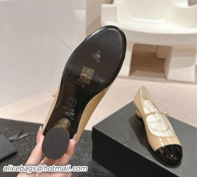 Low Price Chanel Shiny Calfskin & Patent Mary Janes Pumps 3.5cm G45952 Beige 017006