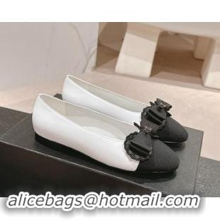 Best Product Chanel Calfskin & Grosgrain Ballet Flat with Bow White/Black 1017008