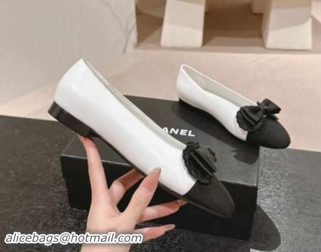 Best Product Chanel Calfskin & Grosgrain Ballet Flat with Bow White/Black 1017008