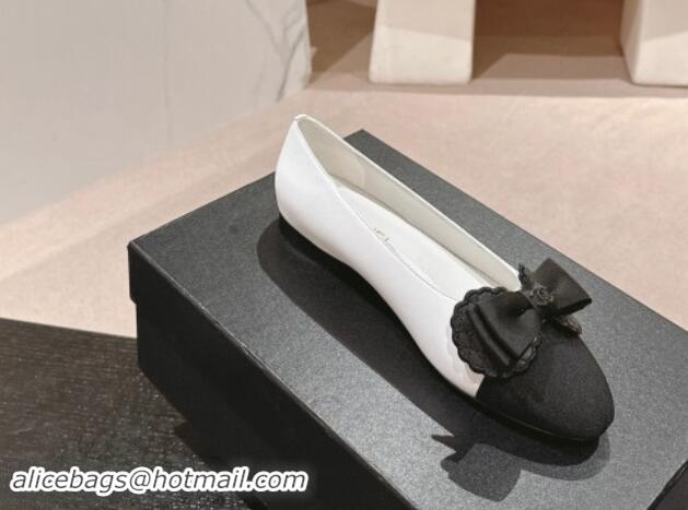 Best Product Chanel Calfskin & Grosgrain Ballet Flat with Bow White/Black 1017008