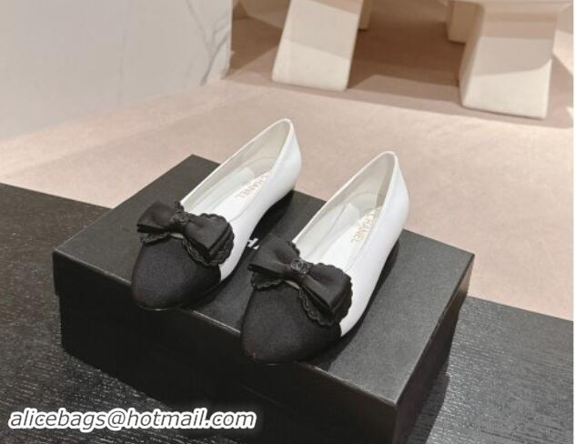 Best Product Chanel Calfskin & Grosgrain Ballet Flat with Bow White/Black 1017008