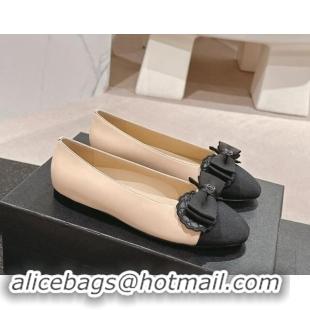 Good Product Chanel Calfskin & Grosgrain Ballet Flat with Bow Beige/Black 1017009