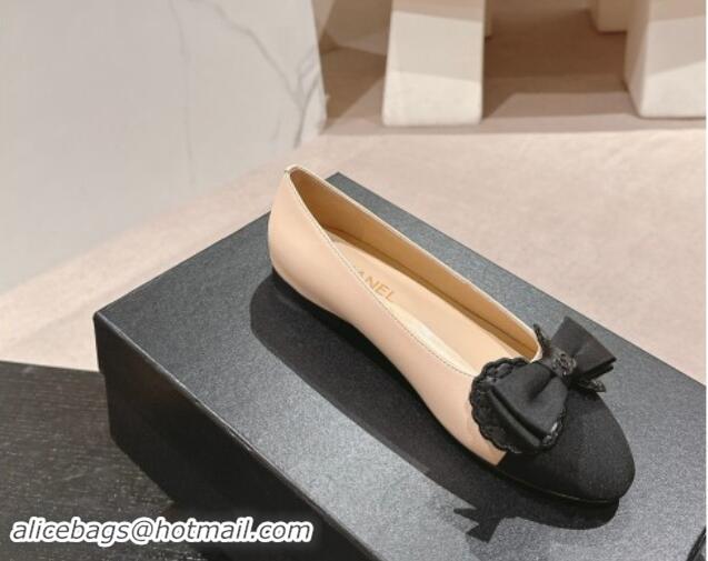 Good Product Chanel Calfskin & Grosgrain Ballet Flat with Bow Beige/Black 1017009