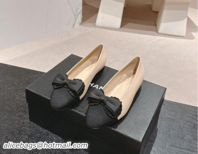 Good Product Chanel Calfskin & Grosgrain Ballet Flat with Bow Beige/Black 1017009