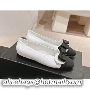 Luxury Chanel Calfskin & Grosgrain Ballet Flat with Bow White 017011