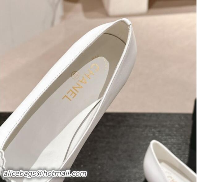 Luxury Chanel Calfskin & Grosgrain Ballet Flat with Bow White 017011