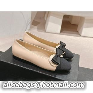 Good Quality Chanel Calfskin & Grosgrain Ballet Flat with Bow Beige 1017012