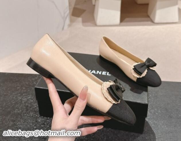 Good Quality Chanel Calfskin & Grosgrain Ballet Flat with Bow Beige 1017012