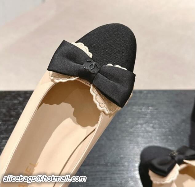 Good Quality Chanel Calfskin & Grosgrain Ballet Flat with Bow Beige 1017012