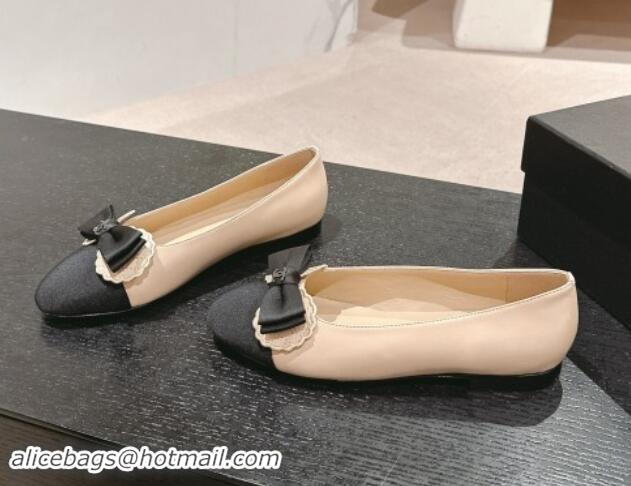 Good Quality Chanel Calfskin & Grosgrain Ballet Flat with Bow Beige 1017012