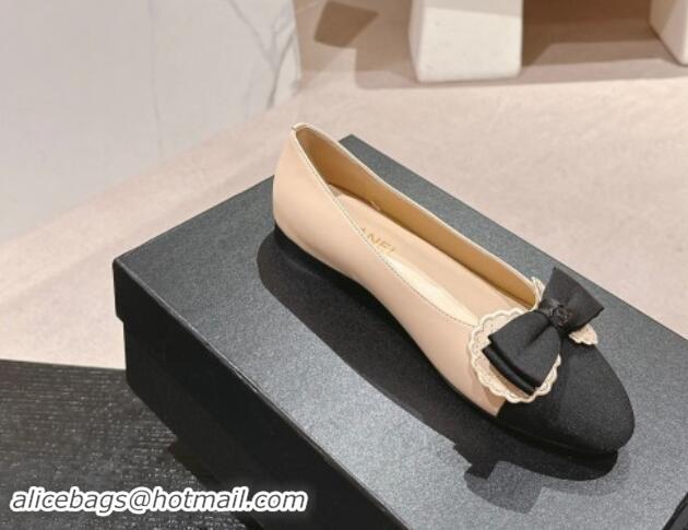 Good Quality Chanel Calfskin & Grosgrain Ballet Flat with Bow Beige 1017012