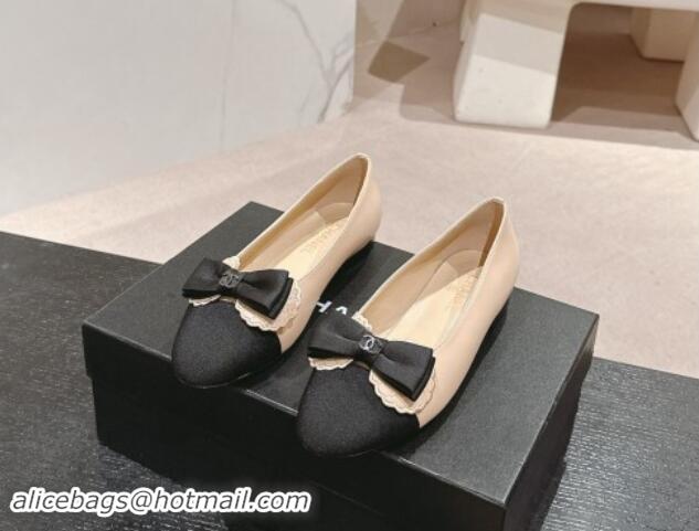 Good Quality Chanel Calfskin & Grosgrain Ballet Flat with Bow Beige 1017012