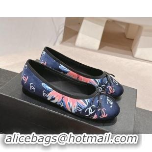 Shop Duplicate Chanel Classic Printed Grosgrain Ballet Flat with Bow Navy Blue 1017015