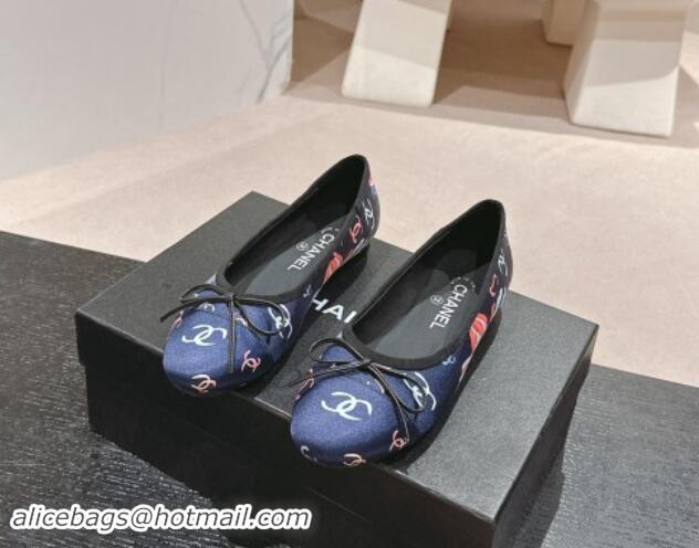 Shop Duplicate Chanel Classic Printed Grosgrain Ballet Flat with Bow Navy Blue 1017015