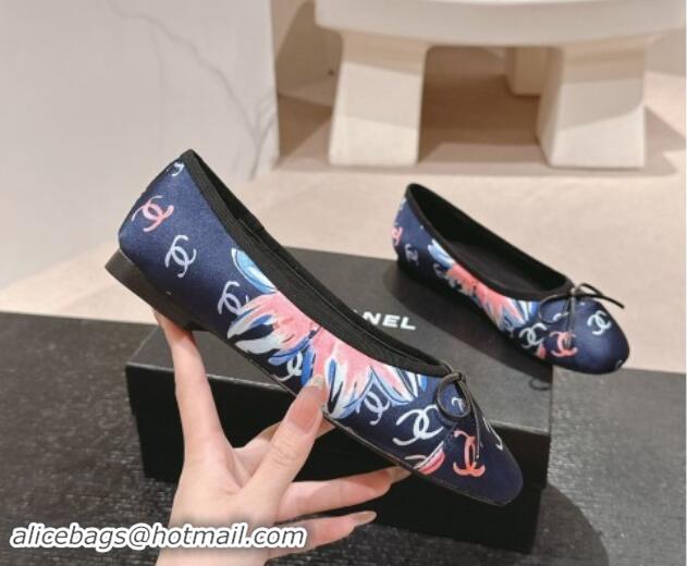 Shop Duplicate Chanel Classic Printed Grosgrain Ballet Flat with Bow Navy Blue 1017015