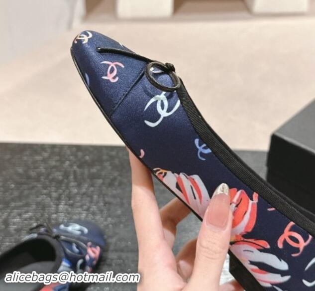 Shop Duplicate Chanel Classic Printed Grosgrain Ballet Flat with Bow Navy Blue 1017015