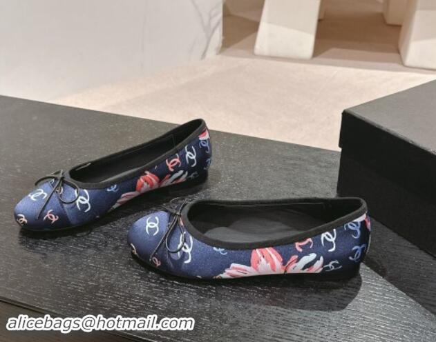 Shop Duplicate Chanel Classic Printed Grosgrain Ballet Flat with Bow Navy Blue 1017015