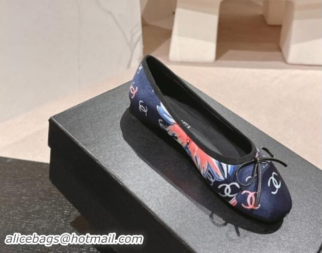 Shop Duplicate Chanel Classic Printed Grosgrain Ballet Flat with Bow Navy Blue 1017015