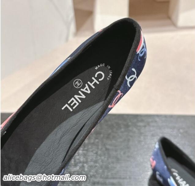 Shop Duplicate Chanel Classic Printed Grosgrain Ballet Flat with Bow Navy Blue 1017015