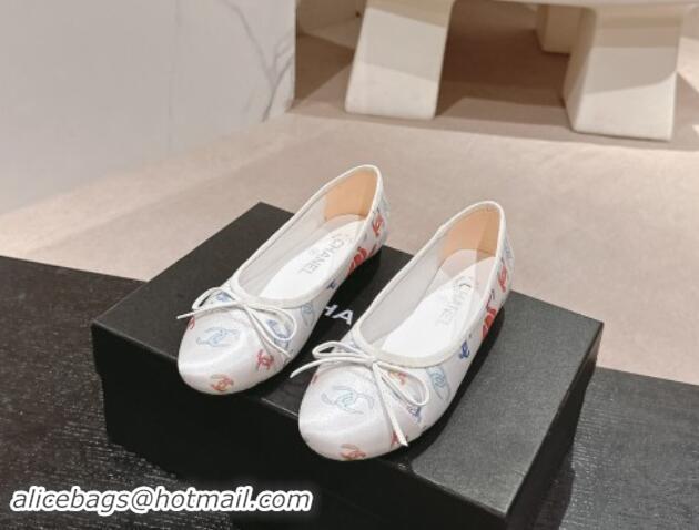 Popular Style Chanel Classic Printed Grosgrain Ballet Flat with Bow White 1017017