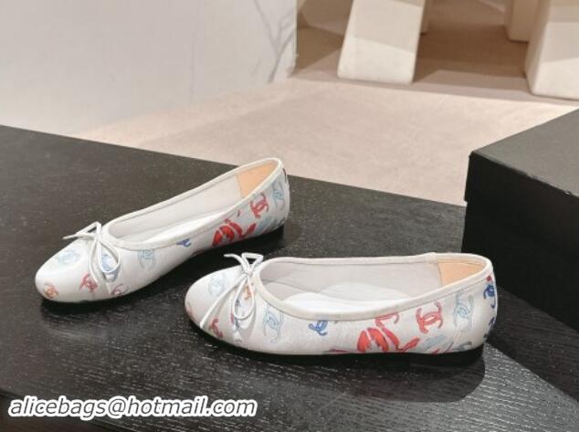 Popular Style Chanel Classic Printed Grosgrain Ballet Flat with Bow White 1017017