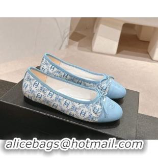 Grade Chanel Classic Embroidered Canvas & Calfskin Ballet Flat with Bow Light Blue 017019