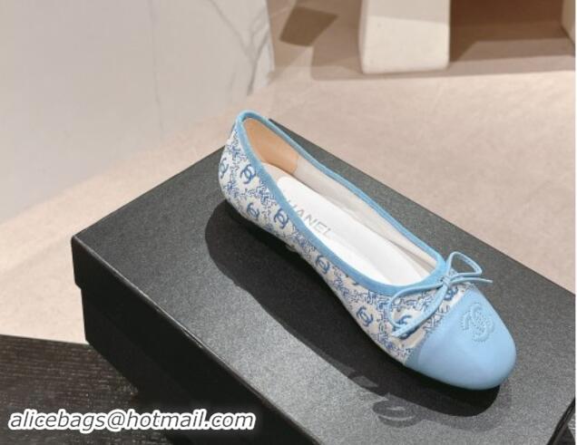 Grade Chanel Classic Embroidered Canvas & Calfskin Ballet Flat with Bow Light Blue 017019