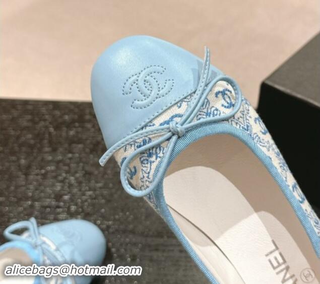 Grade Chanel Classic Embroidered Canvas & Calfskin Ballet Flat with Bow Light Blue 017019